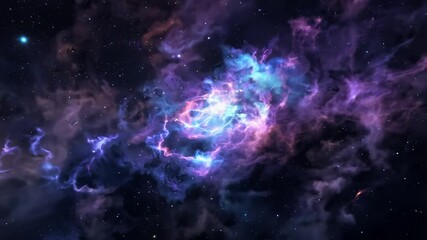 Steady tracking video of the nebula, showcasing graceful cosmic clouds and pulsating glowing stars in the vast constellation, with ambient neon glows