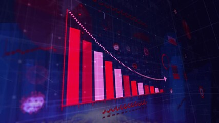 Poster - Animation of declining bar graph with red bars and dotted line on digital background