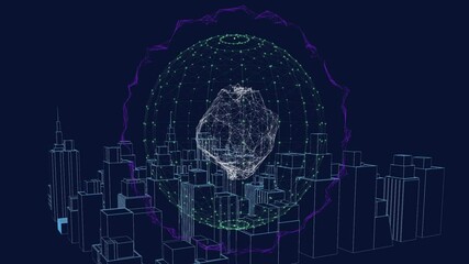 Poster - Hovering animation of digital network sphere over futuristic cityscape with buildings