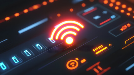 Poster - Wireless signal activation in technology environment digital interface display high-tech aesthetic