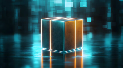 Poster - Dynamic neon cube showcase digital space stock photo futuristic aerial view technology concept for marketing impact