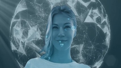 Poster - Digital network overlay with geometric patterns, woman smiling in background