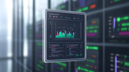 Poster - Business analytics chart icon floating above data dashboard in modern office environment