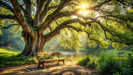 Wall Mural - serene park bench underneath majestic tree canopy by tranquil river at sunrise