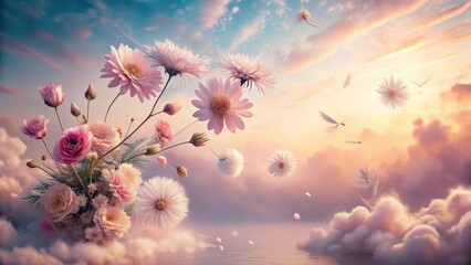Wall Mural - a dreamlike bouquet of delicate pink and white flowers ascending amidst soft clouds and a serene sun