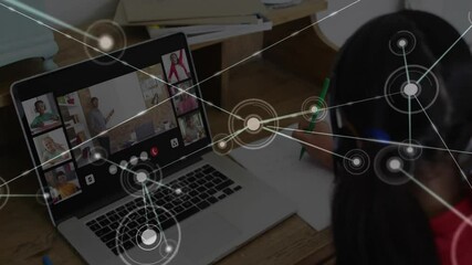 Poster - Virtual meeting with network connections animation over person writing notes at desk