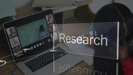Poster - Attending online class, person viewing animation and research text on laptop screen