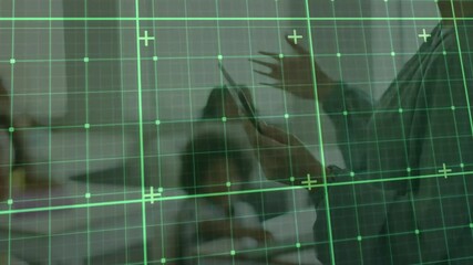 Aufkleber - Green grid overlay animation over person using tablet in blurred background