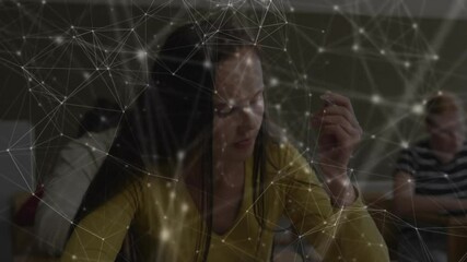 Poster - Network of connections and data processing animation over woman studying at desk