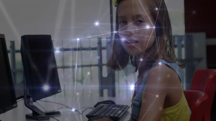 Poster - Young girl at computer with network connections and data processing animation