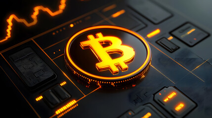 Poster - Glowing bitcoin visualization cryptocurrency market digital illustration high-tech environment close-up view financial innovation