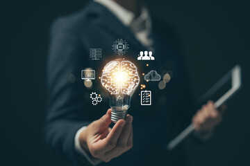 Poster - E-learning graduate certificate program concept.Woman holds a light bulb showing a brain icon. Concept of finding educational opportunities. Education Creativity and problem solving...