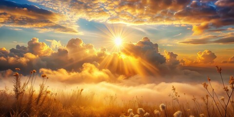 Wall Mural - golden hour serenity a breathtaking sunrise over a misty meadow with silhouetted wildflowers and dra