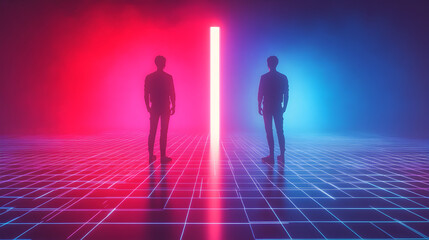 Poster - Two Silhouettes Facing a Bright Vertical Light with Colorful Background in Futuristic Scene with Neon Hues and Abstract Grid Floor