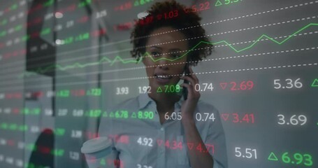 Poster - Businesswoman on phone with stock market data animation overlaying her image