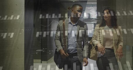 Poster - Walking in hallway, business professionals with animation of financial data charts