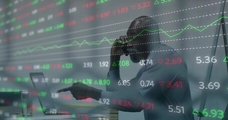 Poster - Using phone, businessman with animation of stock market data and graphs displayed
