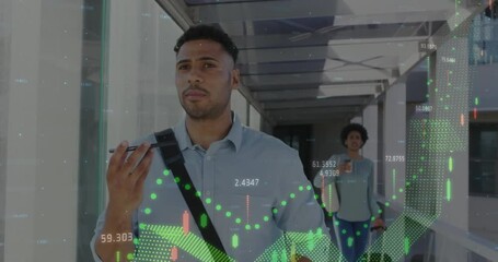 Poster - Walking businessman with animation of stock market data and graphs overlaying scene