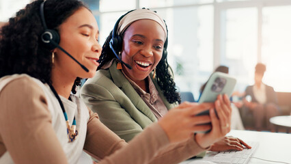 Poster - Call center, women and business people in office, cellphone and smile with social media. Employees, consultants or telemarketing with smartphone, app or communication with email or message to contact