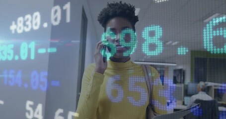 Poster - Talking on phone, businesswoman analyzing financial data with animated overlay