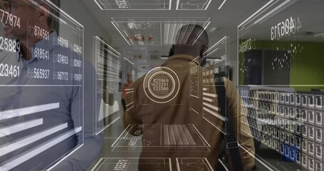 Poster - Walking in school hallway, person interacting with digital animation graphics overlay