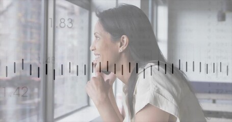 Poster - Talking on phone, smiling woman with measurement scale overlay animation