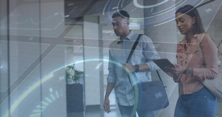 Poster - Business professionals walking in office with digital interface overlay animation