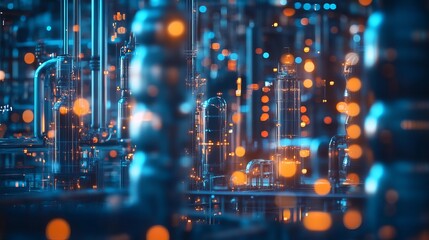 Abstract industrial cityscape with blue pipes and orange bokeh lights in the background