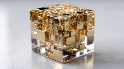 Poster - Striking golden cube exemplifying abstract technology and financial wealth through an eye-catching design perspective