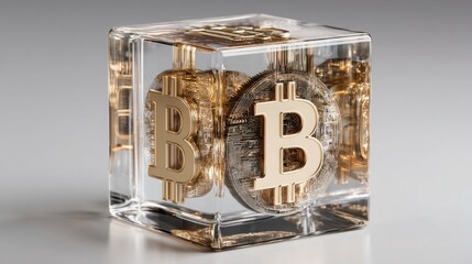 Poster - Block of gold containing a bitcoin inside demonstrating the fusion of wealth and technology in an abstract design
