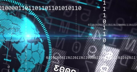 Poster - Digital code and numbers animating on technology-themed background in school setting