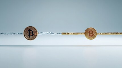 Poster - Bitcoin coins scattered on a clean white surface representing the merging values of cryptocurrency and gold