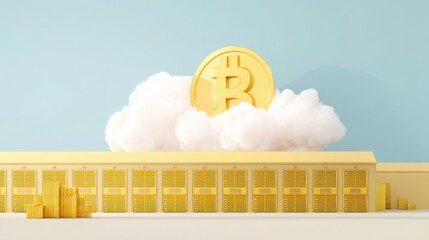 Poster - cloud with bitcoin symbolizing cloud computing services above a warehouse full of golden assets and 