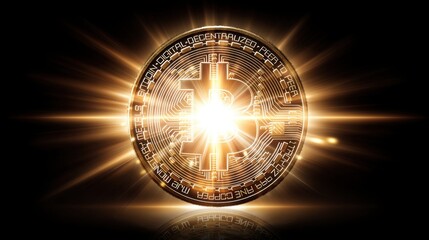 Poster - Radiant golden bitcoin coin illuminated by a warm glow representing wealth and modern financial technology innovation