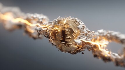 Poster - Bitcoin coin displaying another bitcoin symbol on its surface with a glossy finish reflecting financial trends