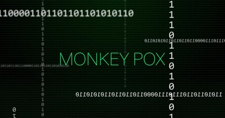 Poster - Animation of binary code with Monkey Pox text on digital green background