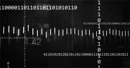 Poster - Binary code and numerical data processing animation on dark background