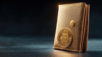 Poster - Elegant gold wallet radiating wealth and modern financial trends in a glowing bitcoin-gold blend presentation