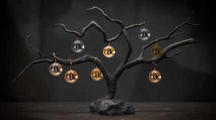 Poster - Lush tree bearing a bountiful harvest of coins including bitcoin and gold fruits representing financial growth