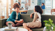 © peopleimages.com - Team, business women and conversation on coffee break for planning project and meeting on sofa. Office, talking and colleagues in company lounge for brainstorming ideas, smile and listening to story
