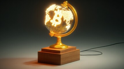 Poster - Detailed globe on wooden block highlighting bitcoin's global impact on financial markets and digital currency trends