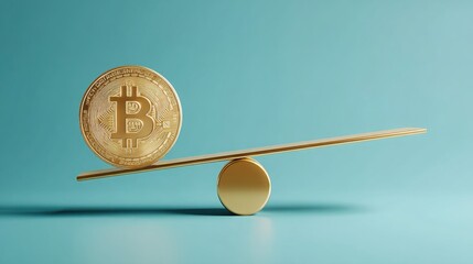 Poster - Gold coin balancing on gold scale illustrating the concept of equilibrium between traditional and digital assets