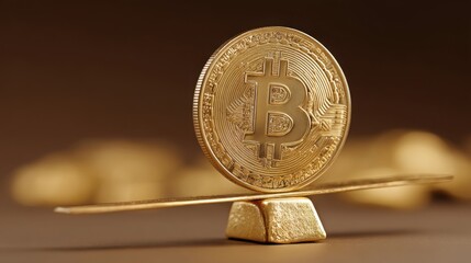 Poster - Golden bitcoin coin on scale representing balance between traditional finance and modern cryptocurrency investments