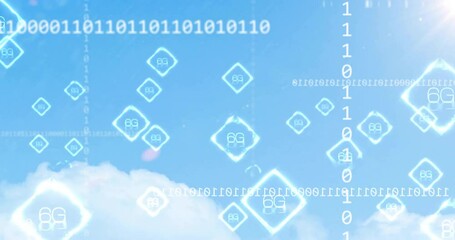 Poster - Animation of binary code and digital symbols floating in sky with clouds