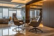 © Designs to Display - A stylish executive workspace with minimalist furniture, sophisticated glass partitions, high-backed ergonomic chairs, natural lighting casting warm reflections polished wood surfaces