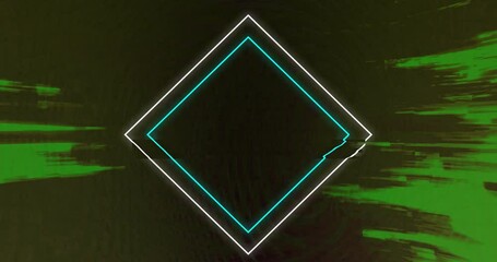 Poster - Animation of glowing geometric shapes with green glitch effects on dark background
