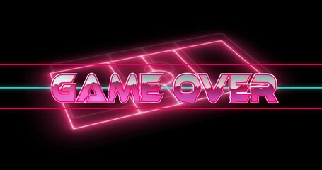 Poster - Neon pink Game Over text glowing on futuristic grid background with animation