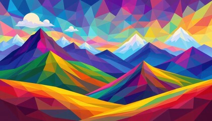 Poster - A colorful blend of sharp triangles and squares forming an abstract landscape.