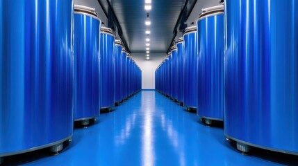 Poster - a pristine, modern facility featuring rows of vibrant blue cylindrical tanks, symbolizing advanced t