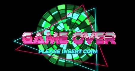 Poster - Game over text with neon geometric shapes and green circular animation background